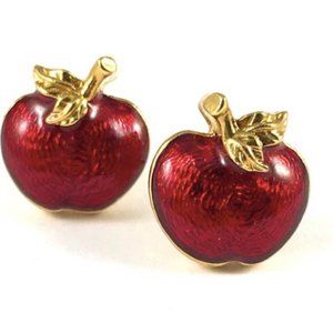 Gorgeous Gold Tone Red Apple Post Earrings